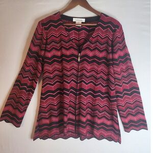 Exclusively Misook Sweater Zip up Jacket Acrylic Knit Zig Zag Hem Black/Pink/Red